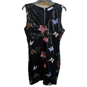 Paradiso Vneck Black Sequin Bright Embroidered Floral Butterfly Dress Large‎